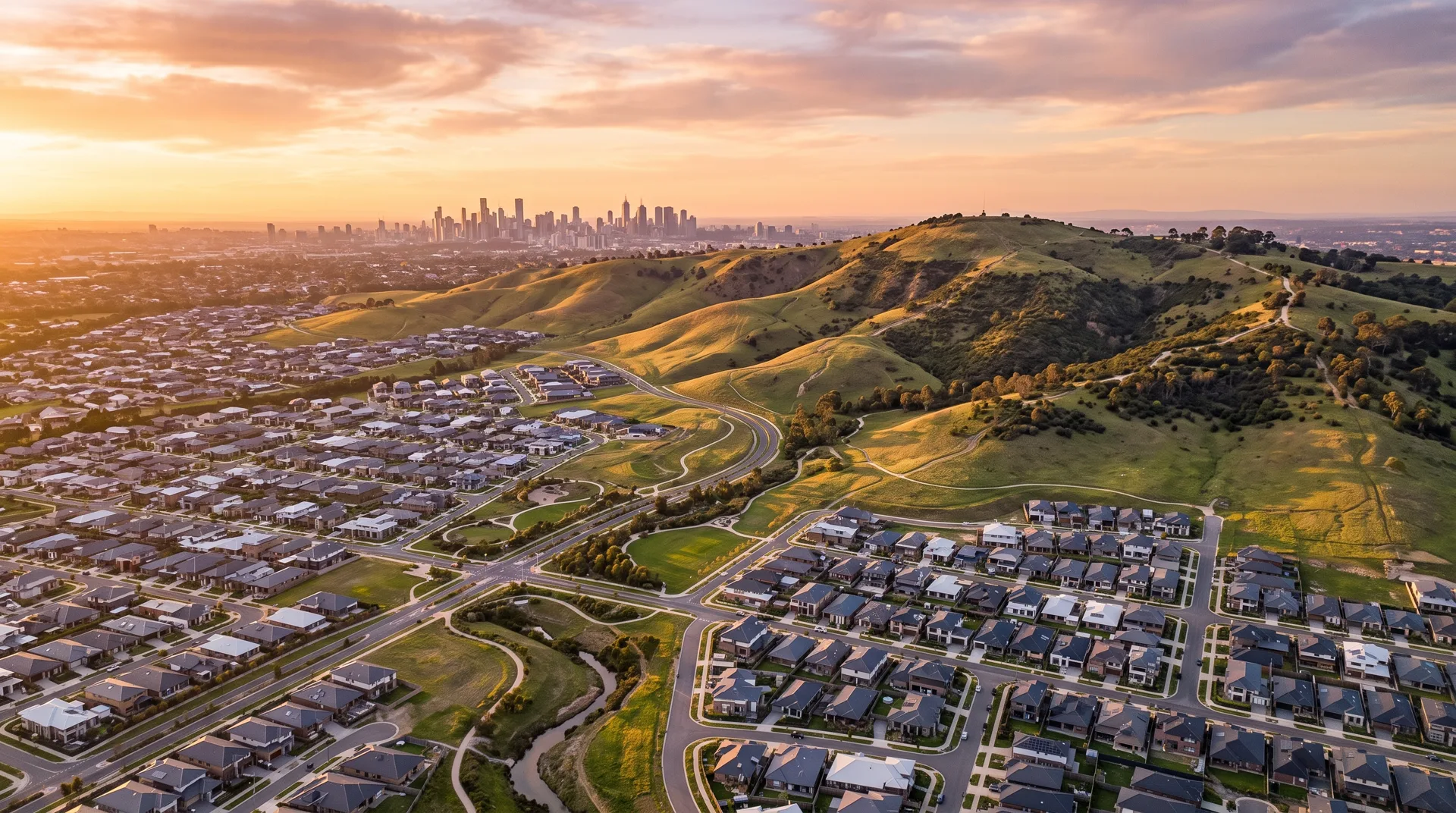 Aerial view of the Quarry Hills precinct at Wollert with parkland and new streets